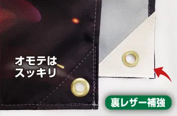 旗の裏面にレザーを縫い付け、金具周りを補強します