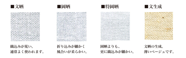 ■文晒：織込みが荒い。通常よく使われます。／■岡晒：折り込みが細かく風合いが柔らかい。／■特岡晒：岡晒よりも、更に織込みが細かい。■文生成：文晒の生成。薄いベージュです。